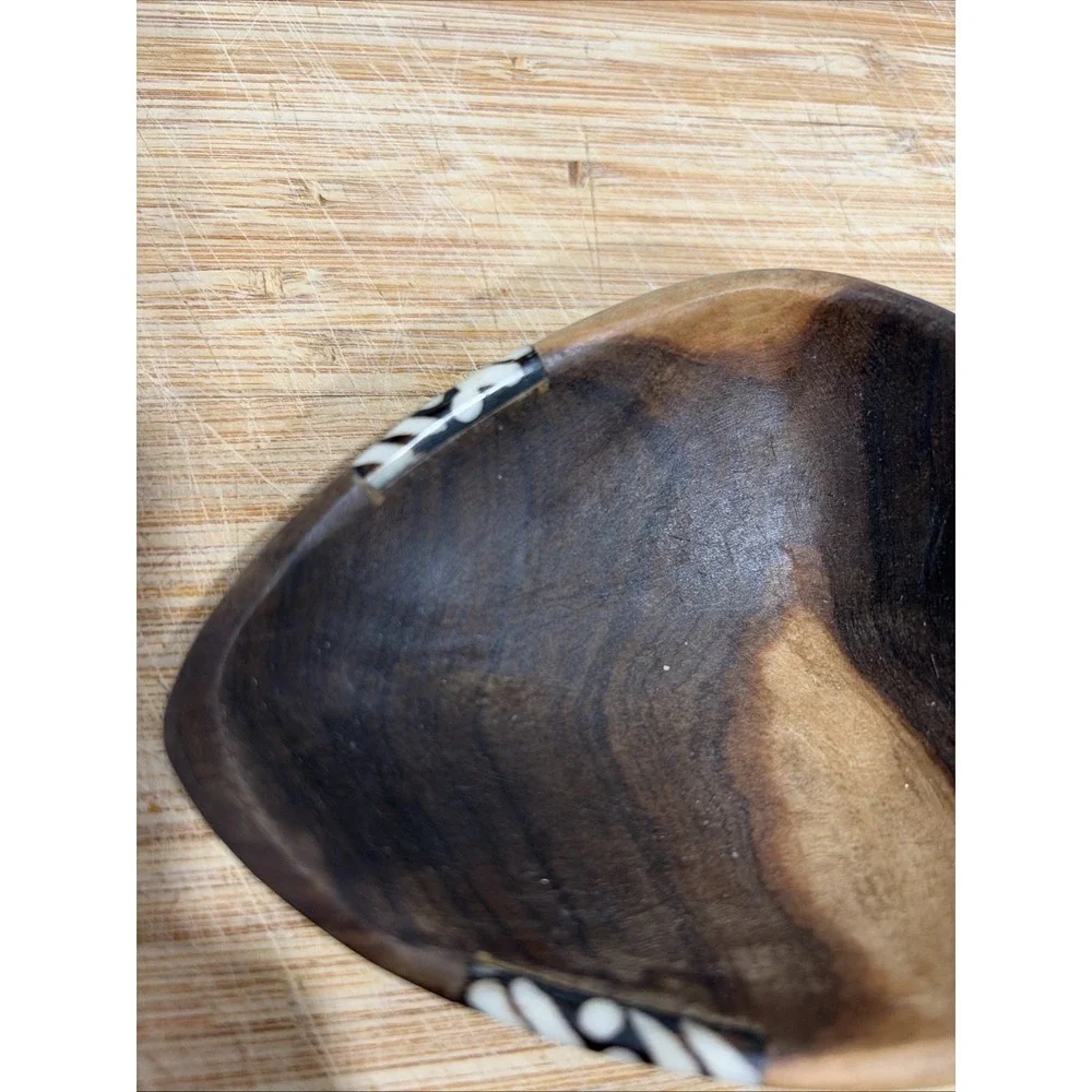 Kenyan hand-carved 4.25x3 Inches Rustic Olive Wood Bowl & Bone Spoon And Inlay